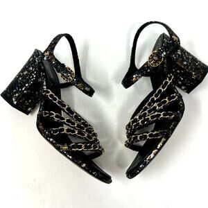 Chanel CC Logo Chain Link Ankle Strap Sandal Heel Python Mule size 38 EU 7.5 US
